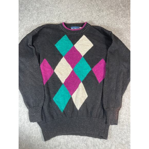 Vintage 90s Par Four Argyle Sweater Mens Medium Gray Knit Ramie Blend Lagenlook - Picture 1 of 7